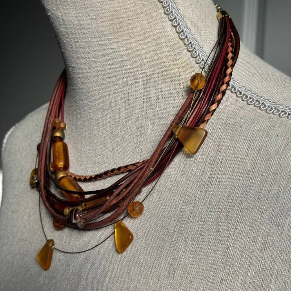 🌟 VINTAGE Unique Women's Leather and Light Amber Stones Necklace and Bracelet S - Picture 5 of 11